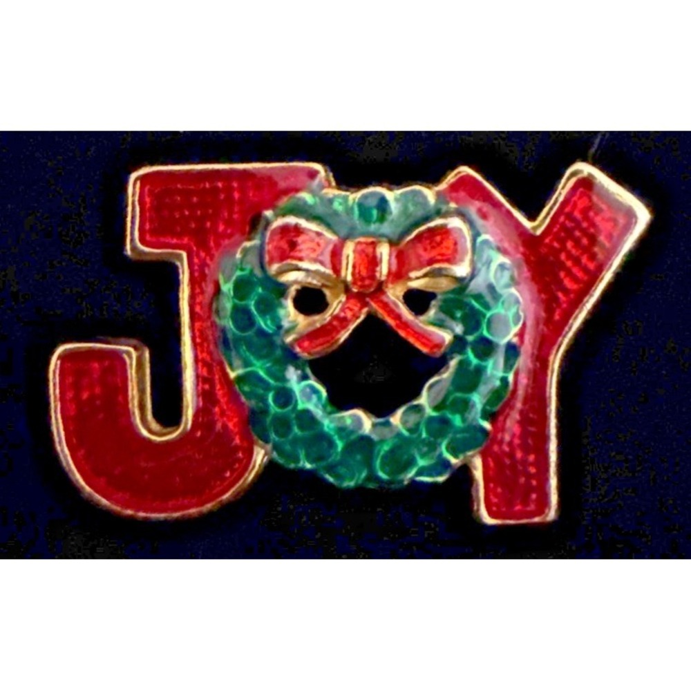Vintage Christmas JOY Wreath Brooch Red Green Enamel Holiday Pin Festive